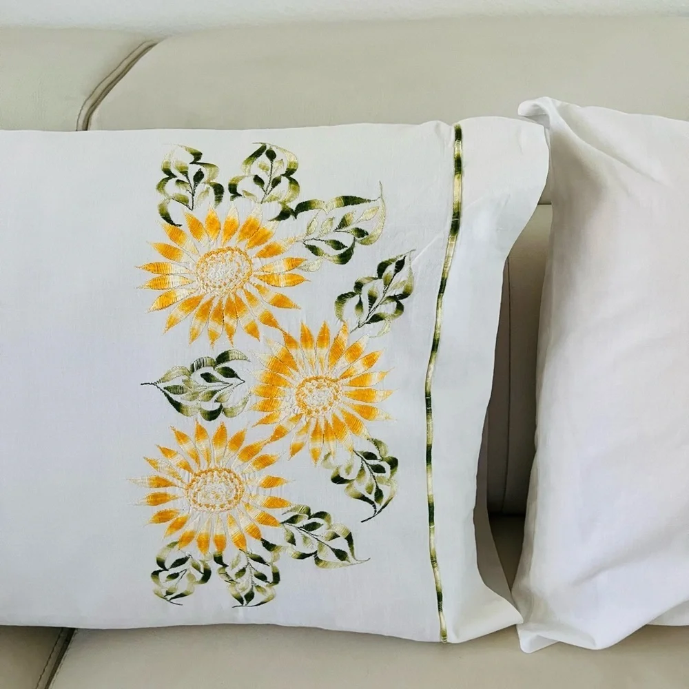 Floral Embroidered Pillowcases - White and Yellow 18/29 Inches